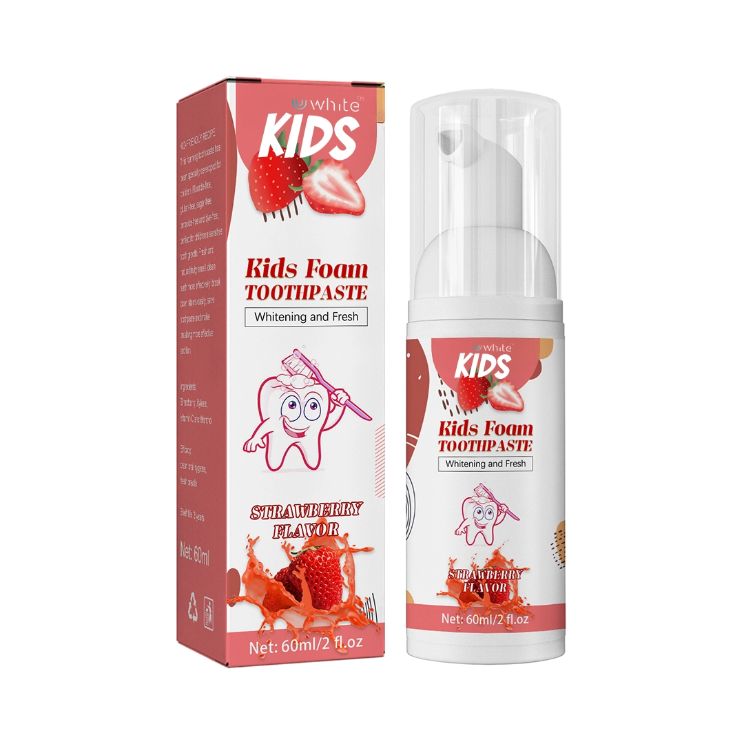 Uwhite kids' foaming toothbrush rinse in a colorful container with playful packaging, designed for children's oral hygiene.