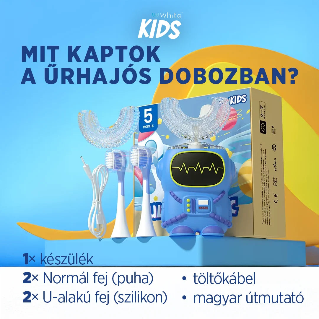 UWhite Űr Berci electric kids toothbrush with 360° cleaning, featuring a space-themed design for children.