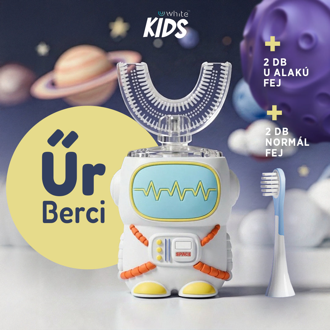 UWhite Űr Berci szónikus gyerek fogkefe kék színben, 2 db U-alakú és 2 db normál pótfejjel